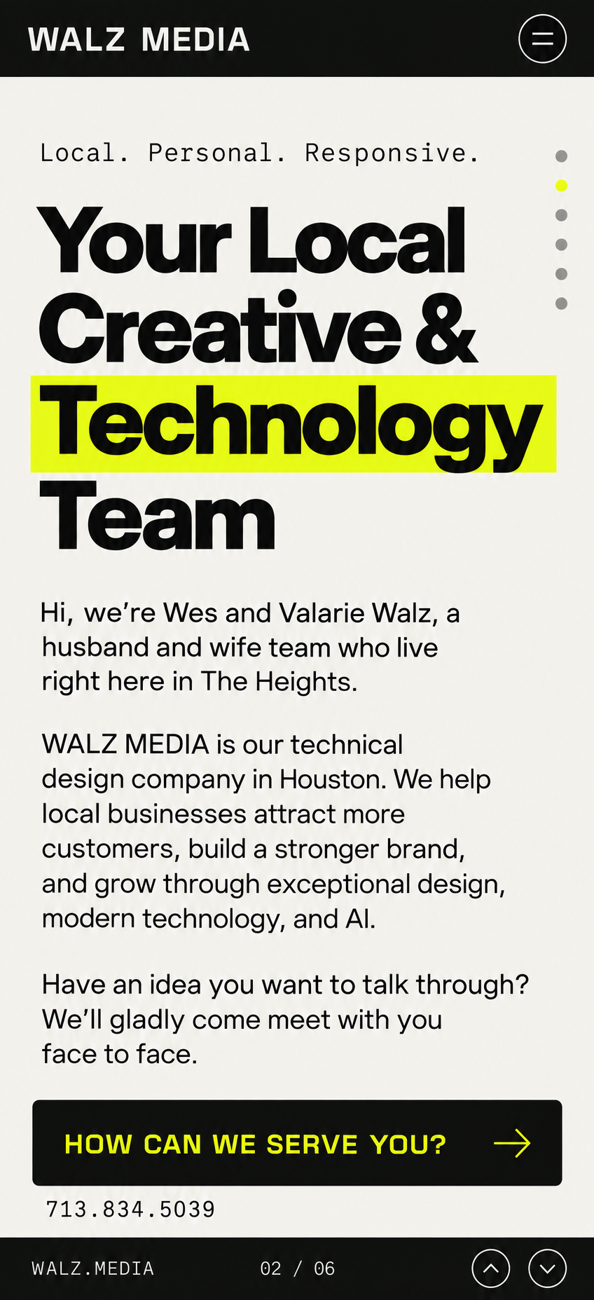Your Local Creative & Technology Team. The original introduction and calls to action in bold black typography on chalk, with an acid-yellow highlight.