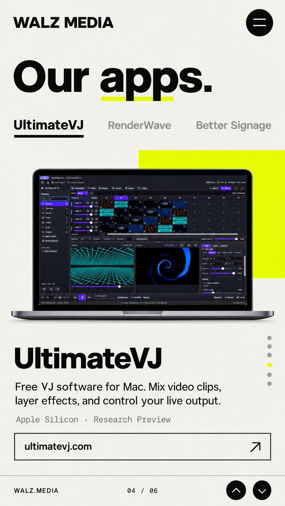 Our apps. UltimateVJ, RenderWave and Better Signage. Featured UltimateVJ with its existing description and product imagery reference.