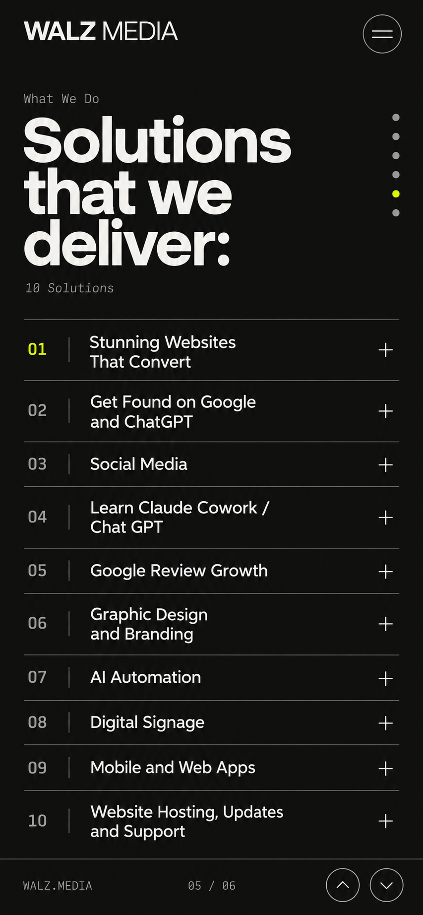 Solutions that we deliver: all ten original service titles presented as an editorial accordion directory.