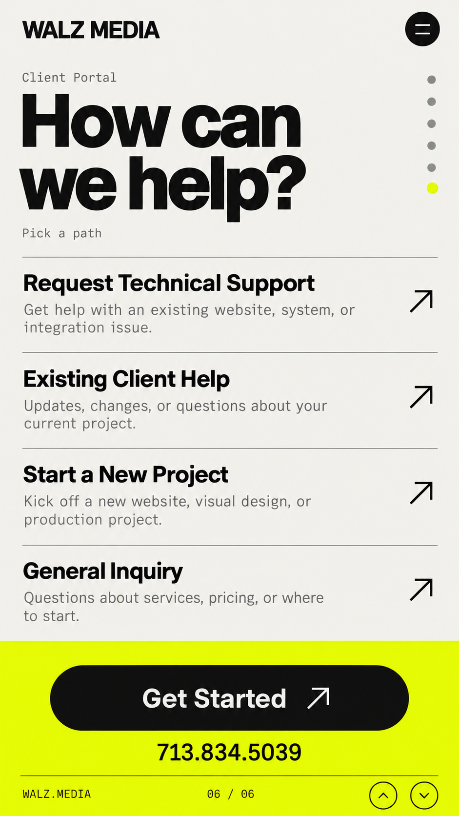 How can we help? The four original Client Portal paths and descriptions, Get Started, and 713.834.5039.